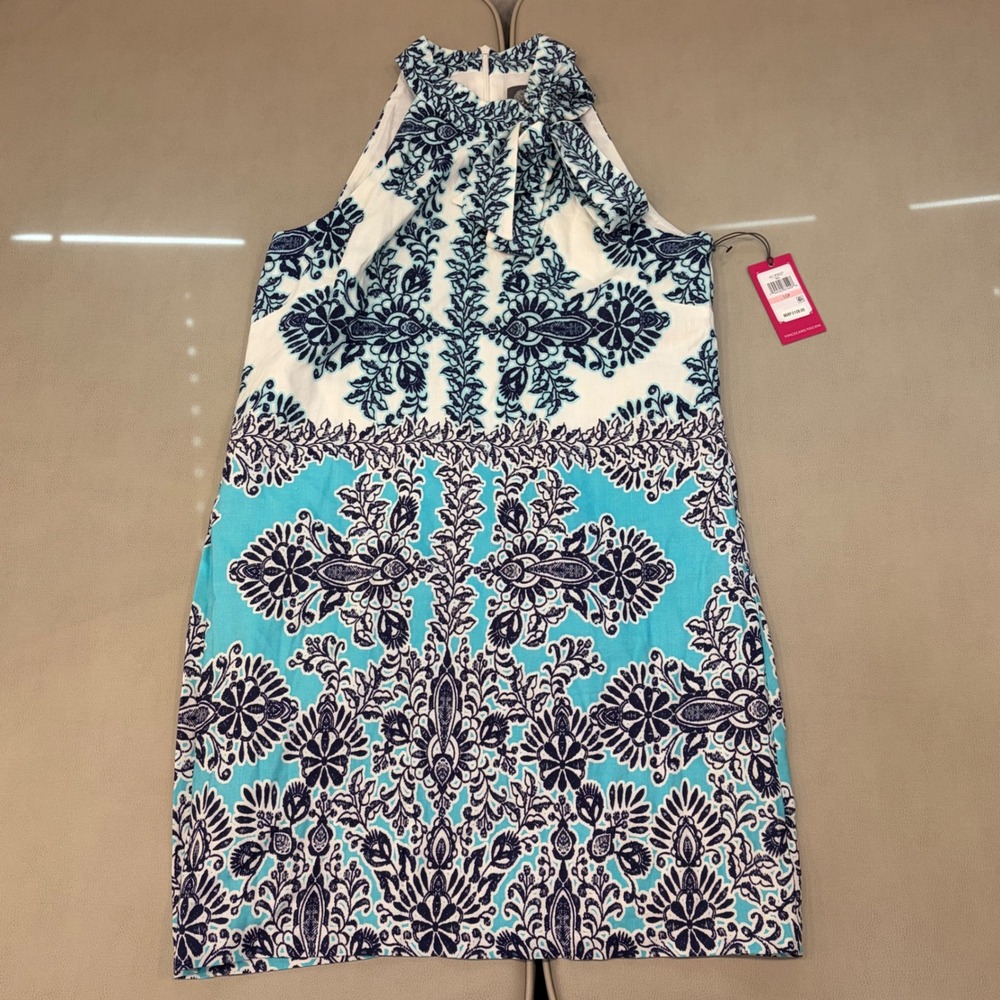 Vince Camuto Blue White Damask Linen Blend Halter Shift Dress 10P New